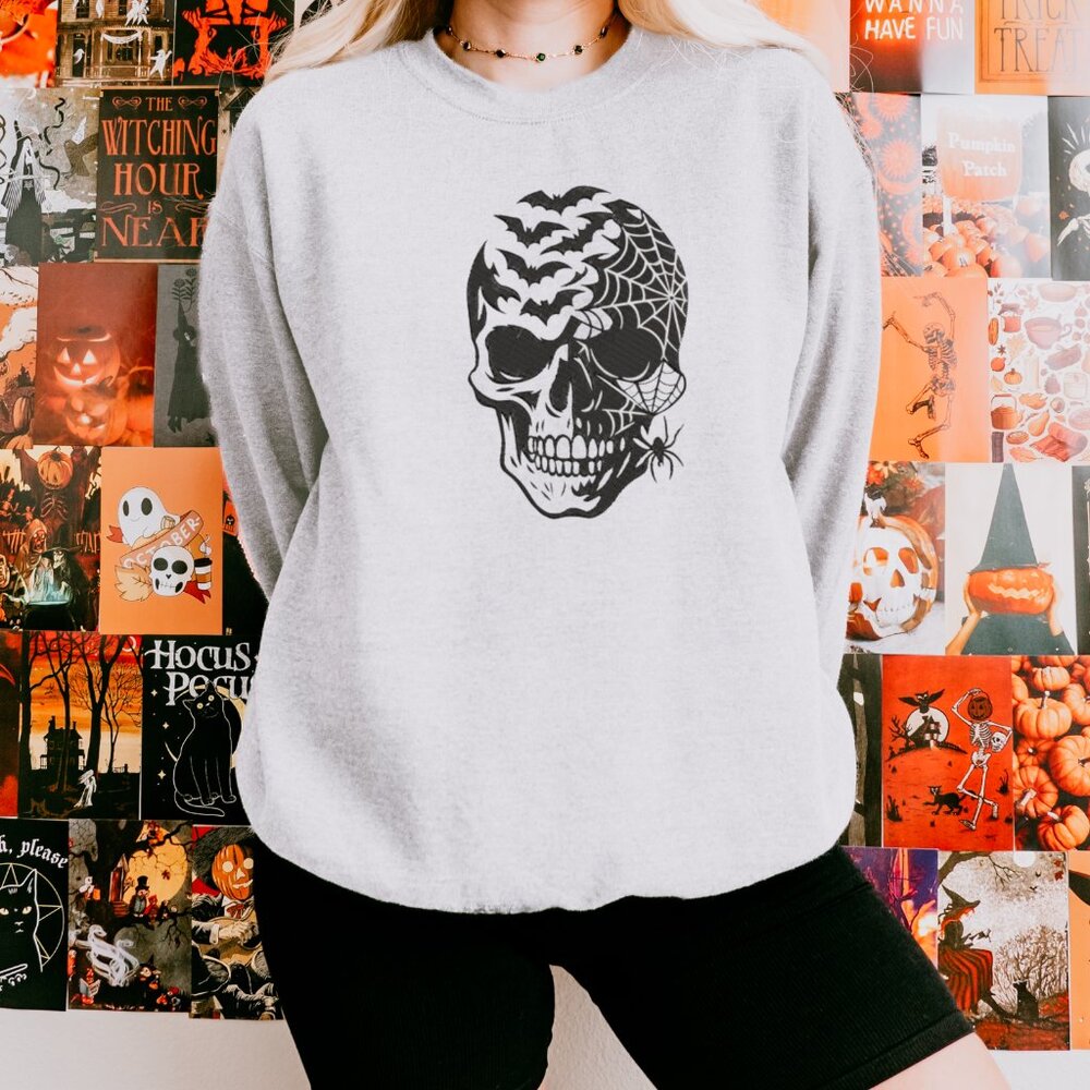 💀 White Embroidered Skull Sweatshirt – Handmade in My Studio 💀